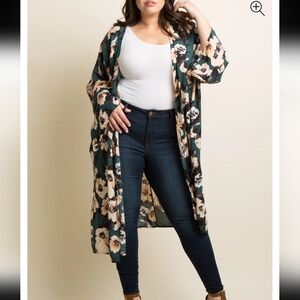 ✅Pink blush Kimono Robe  Open Front Green Floral Print Duster Medium/Large